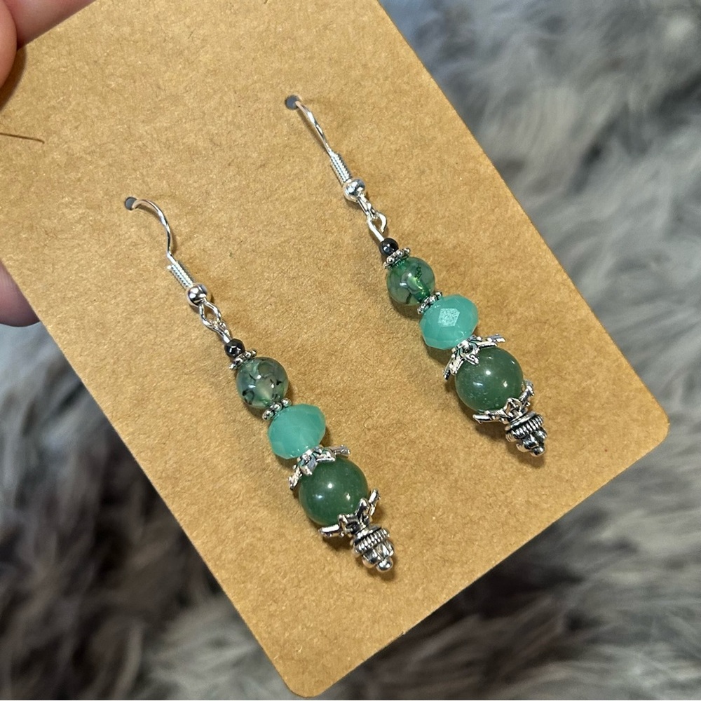 Handcrafted genuine green chalcedony dragon vein faceted hematite earrings